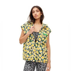 Diane Von Furstenberg Floral Yellow Poppy Hooded Vest Full Zip Jacket Size Small